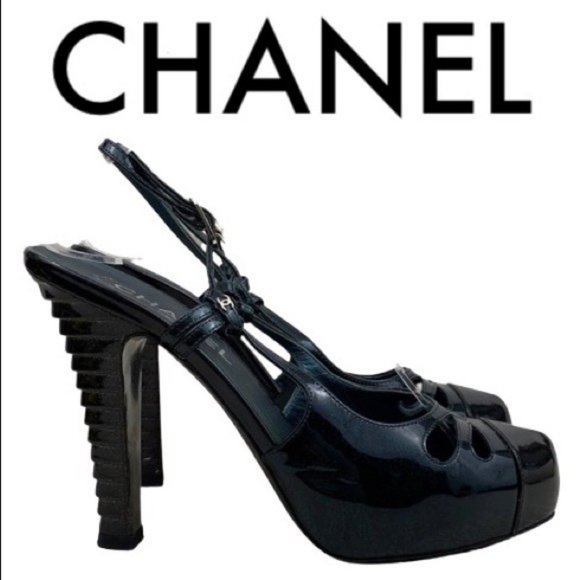 CHANEL Shoes - CHANEL BLACK BLUE SLING BACK HEELS SIZE 8